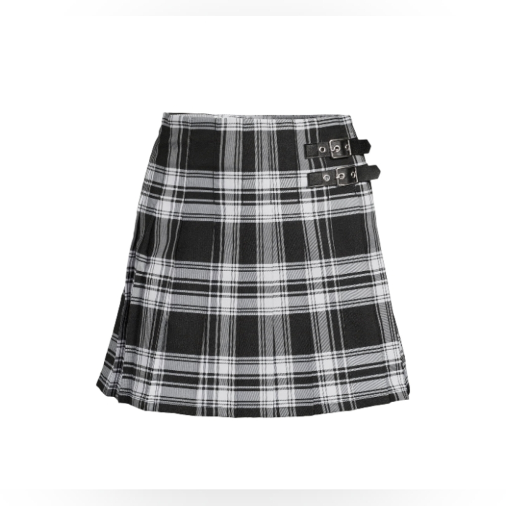 No Boundaries Pleated Skirt | Large | Black Soot White Plaid